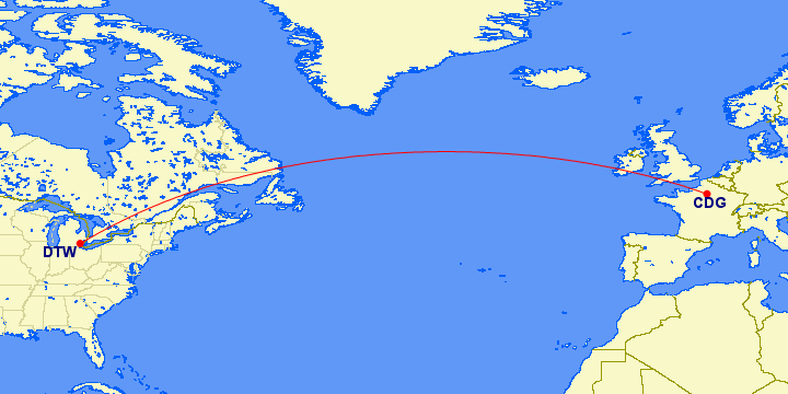 Today's flight from Detroit to Paris on Air France (AF377). It is scheduled for 7h50m with total flight time about 6h50m