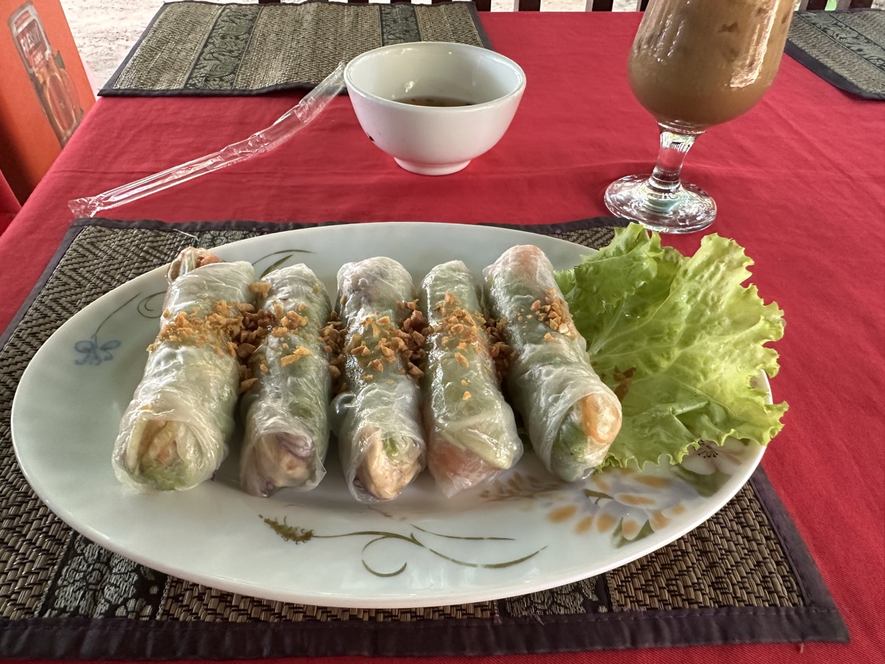 Spring rolls with chicken for breakfast