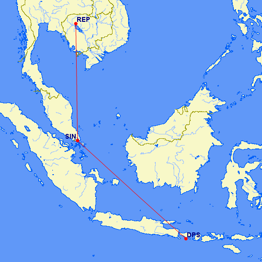 Today's flight from Siem Reap to Denpasar-Bali via Singapore on Singapore Airlines (SQ163, SQ944). It is scheduled for 7.5h with total flight time about 5h and a 2h layover