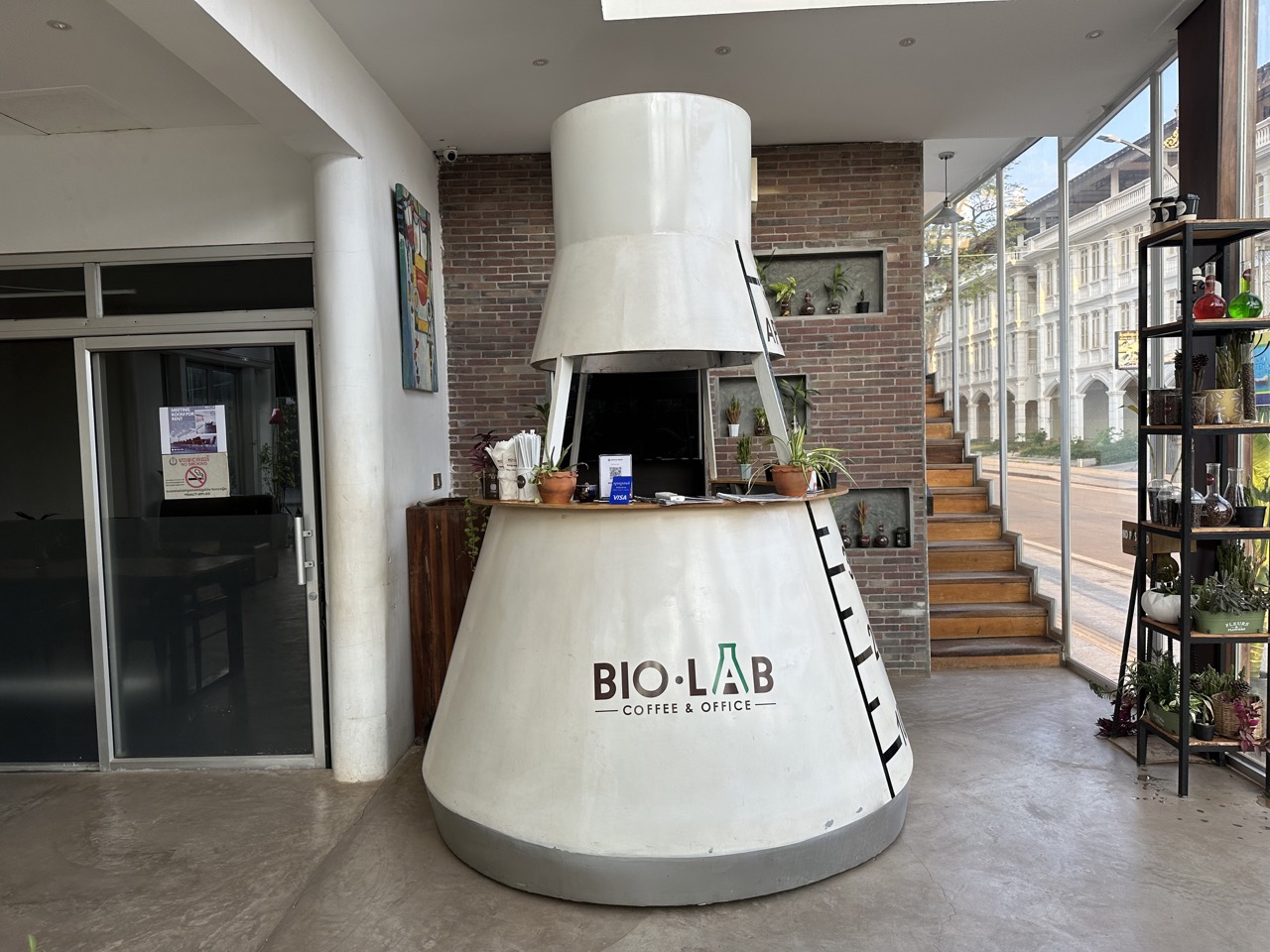 The cashier's booth at Bio Lab Cafe is shaped like an Erlenmeyer Flask