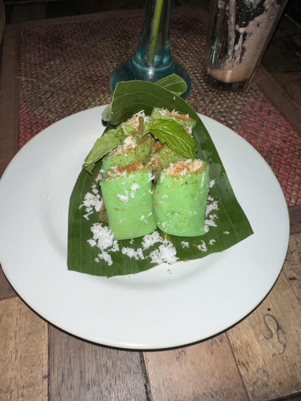 Dadar gulung, rolled pandan pancakes stuffed with coconut and palm sugar