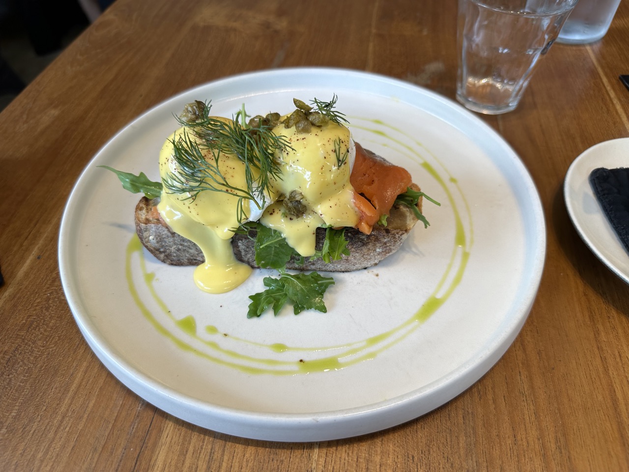 Salmon benedict on a thick slice of sourdough toast