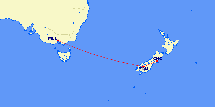 Today's flight from Melbourne to Christchurch via Queenstown on Virgin Australia (VA143) and Air New Zealand (NZ5654). It is scheduled for 7h with total flight time about 4h and a 3h layover