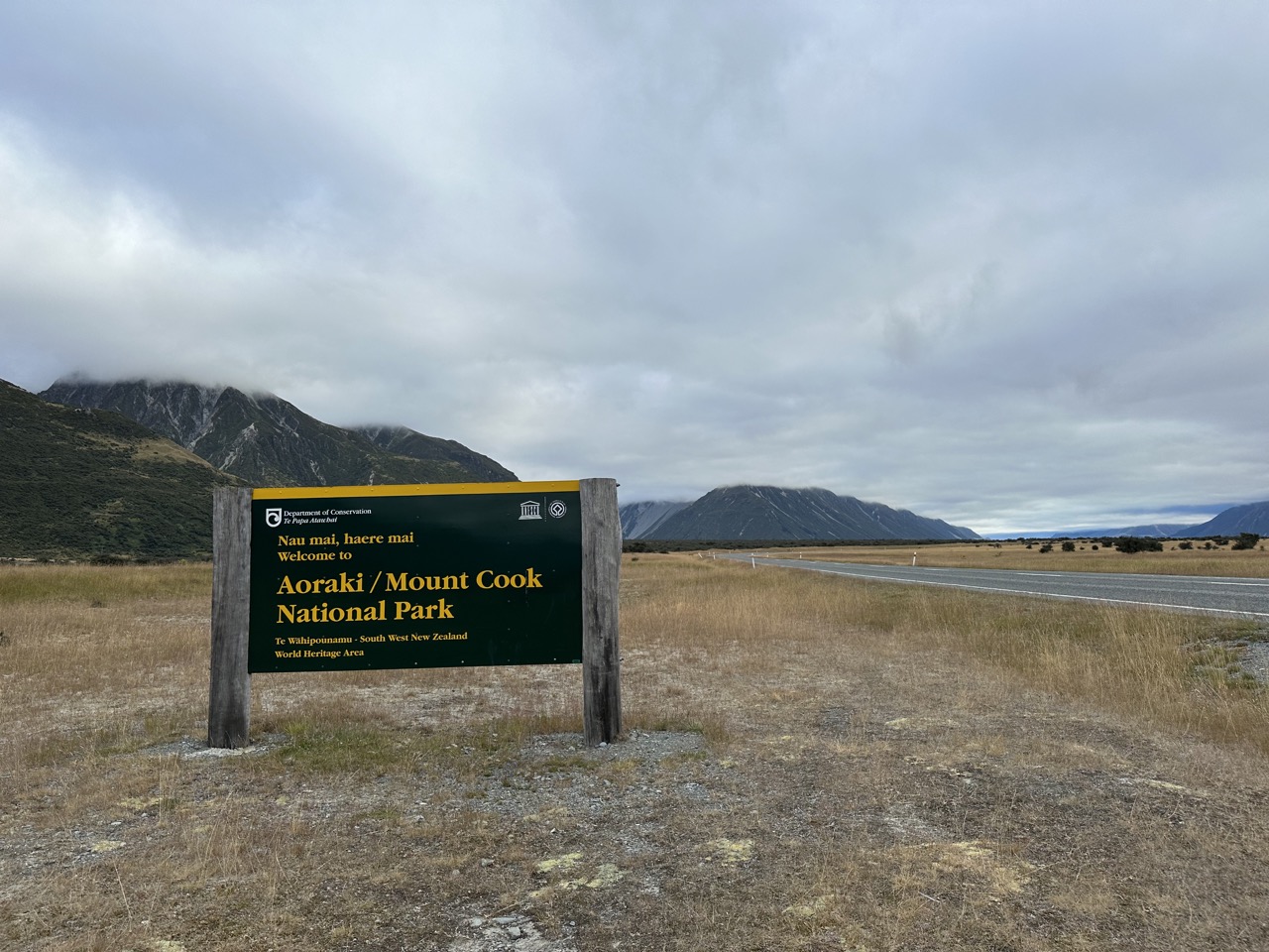 Sign marking the entrance of the Aoraki / Mount Cook National Park