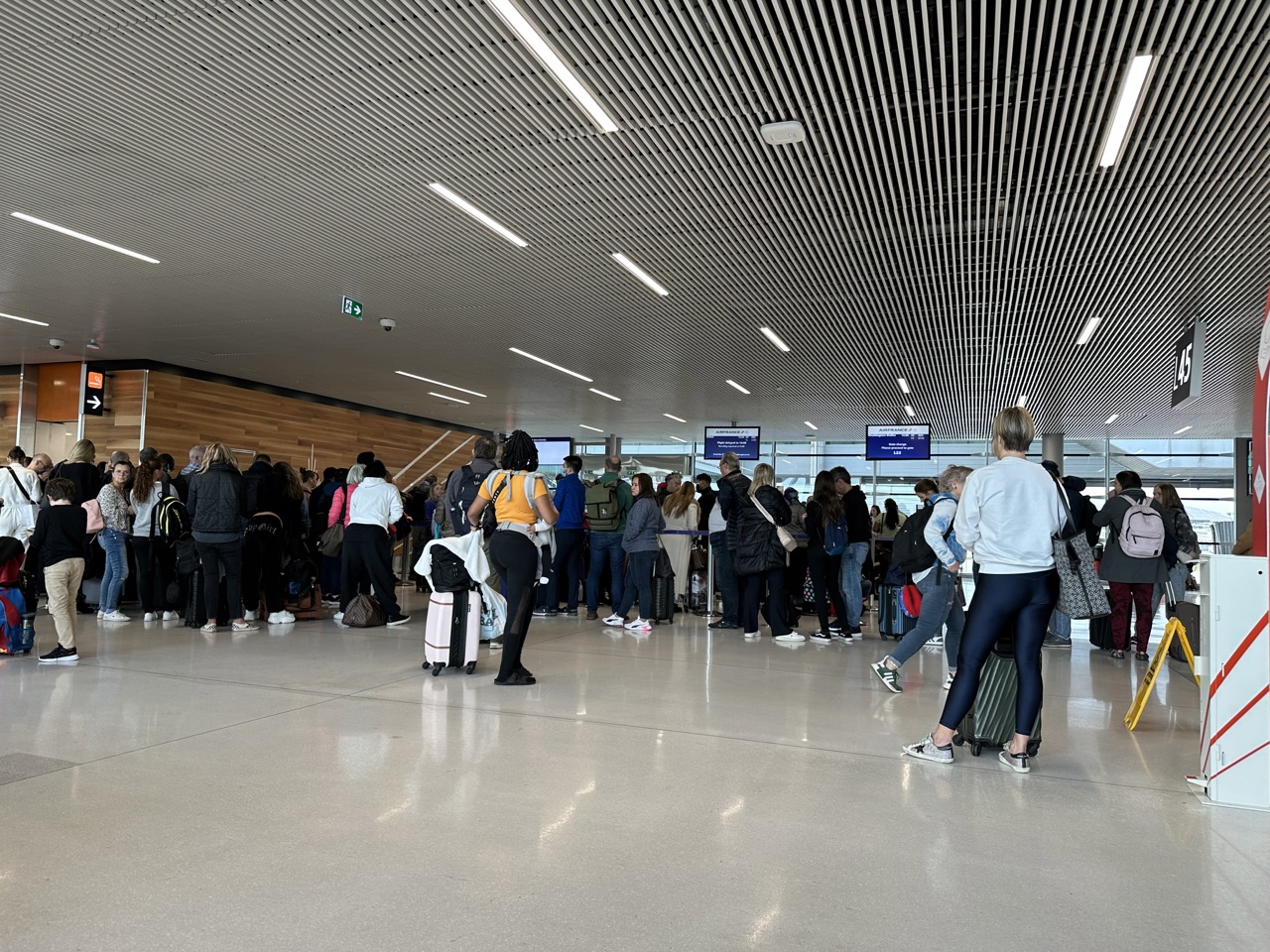 Huge crowd of people waiting to board the delayed flight