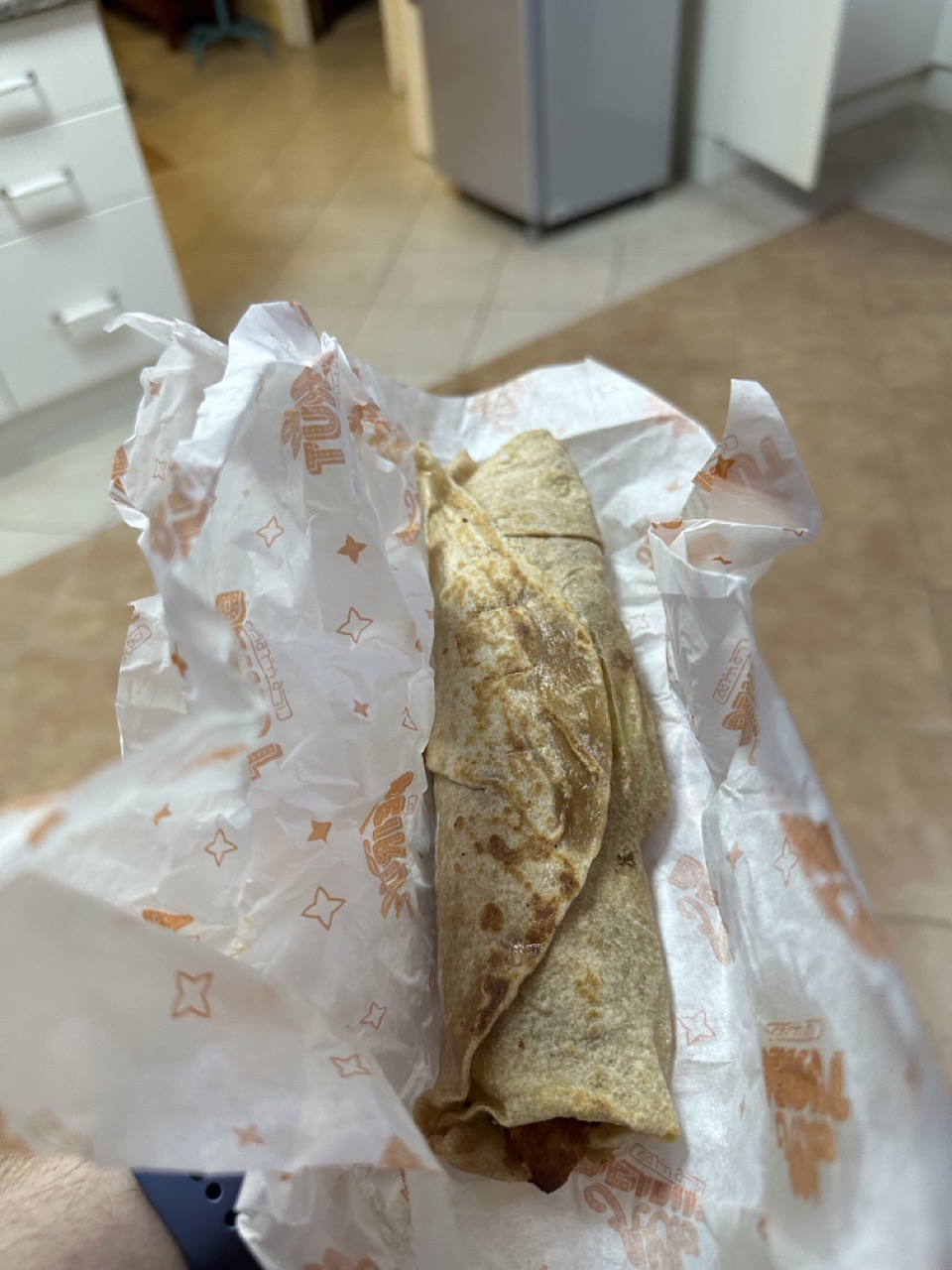 A chicken shawarma wrap. It tasted way better than it looks in this photo