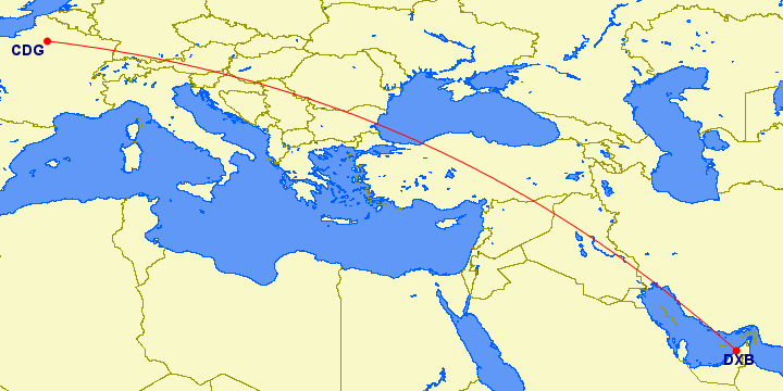 Today's flight from Paris to Dubai on Air France (AF662). It is scheduled for 6h45m with total flight time about 6h