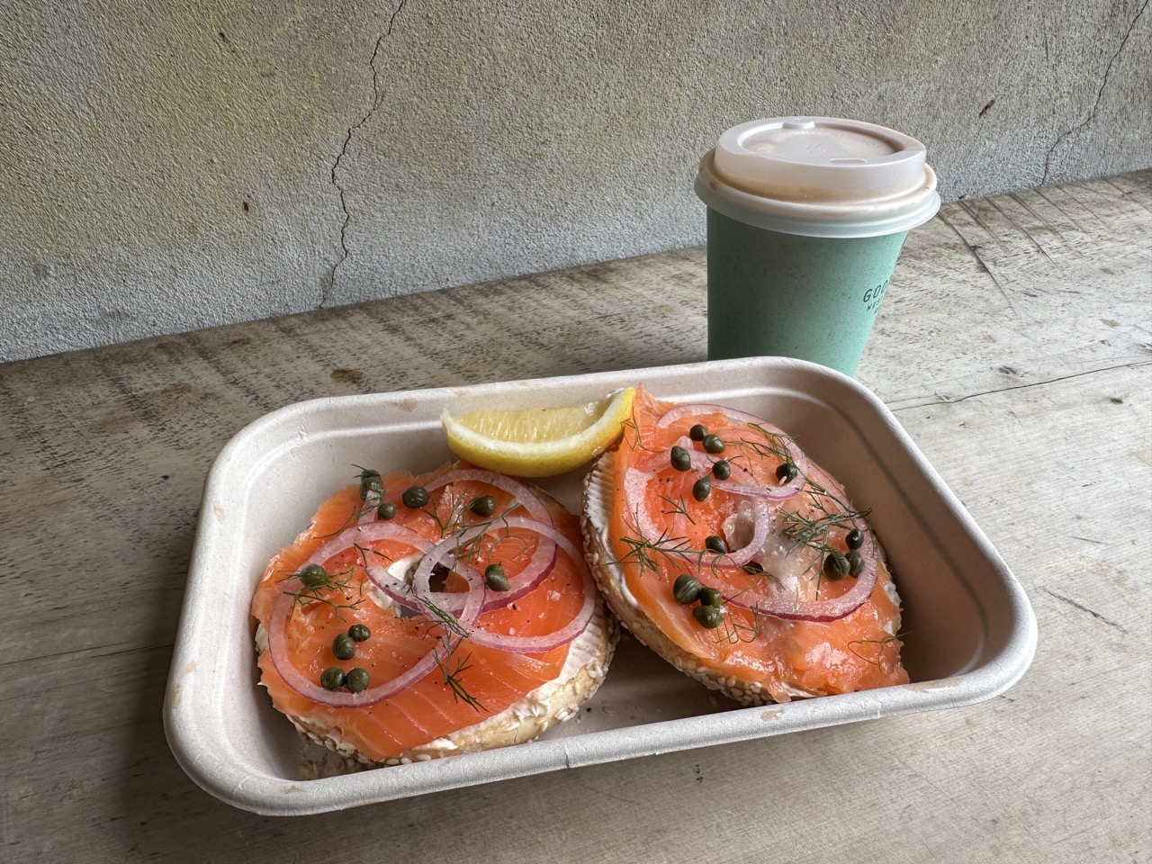 I got the King Salmon bagel, which is a classic lox, cream cheese, onion, and capers bagel sandwich