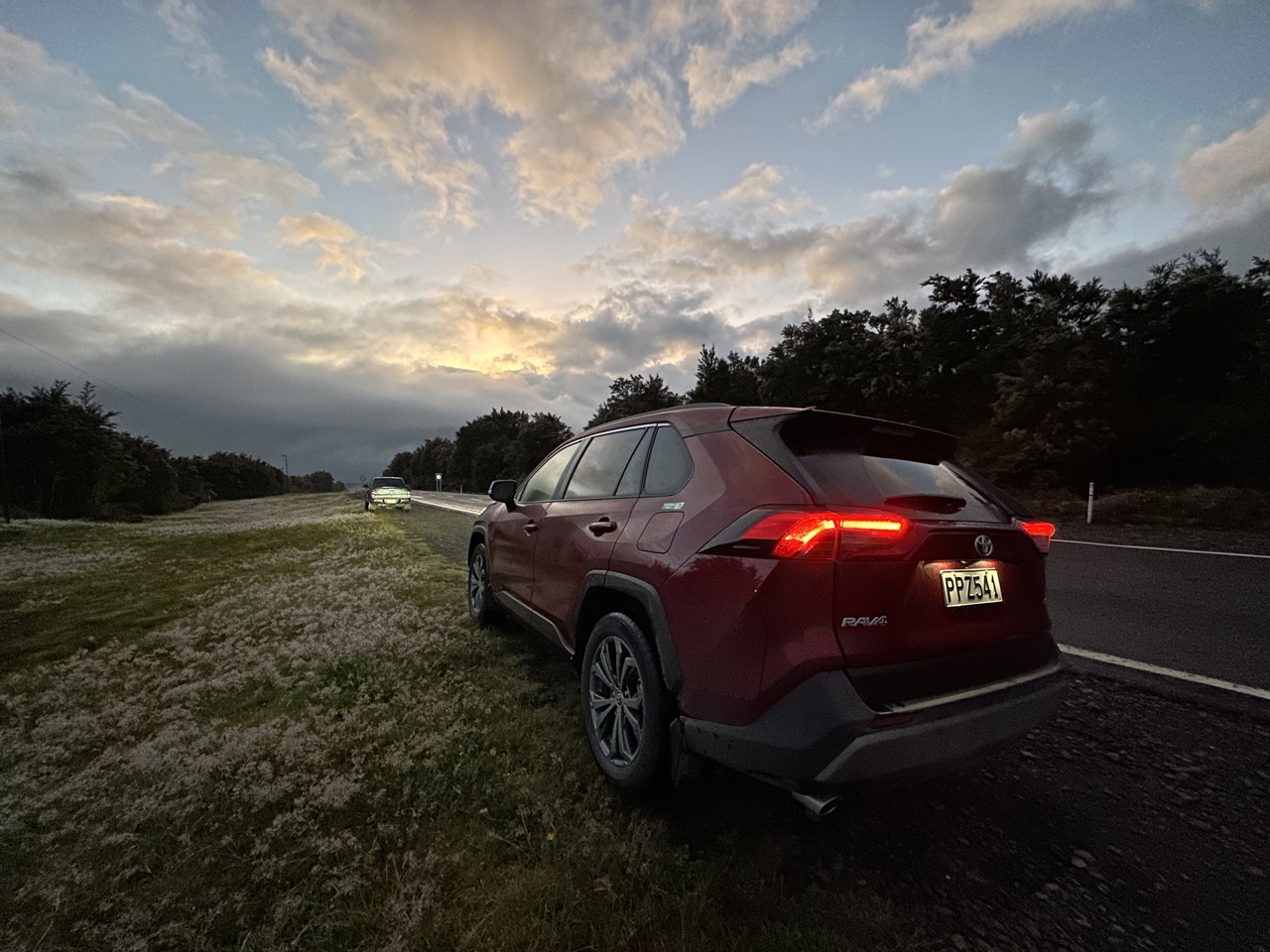 Parked along the side of the highway at the end of the Tongariro Crossing hike