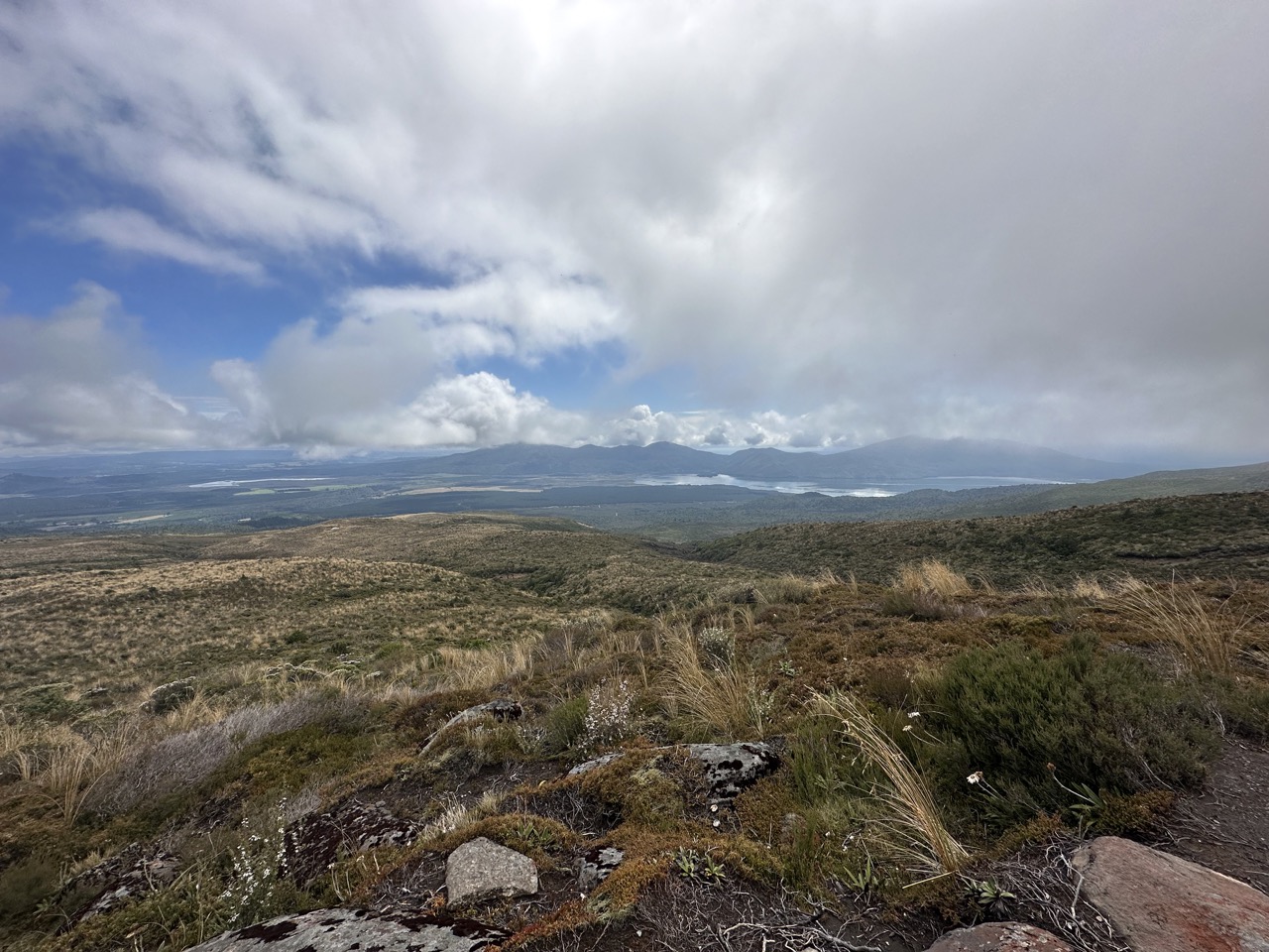 After exiting the cloud you can see far into the distance off the North side of Tongariro