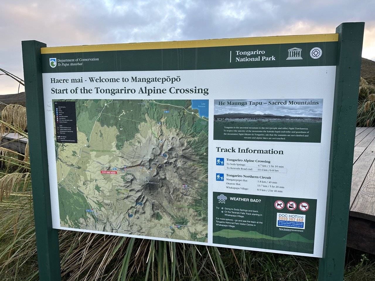 Sign showing an overview of the crossing, which is part of the Tongariro Northern Circuit, one of New Zealand's Great Walks