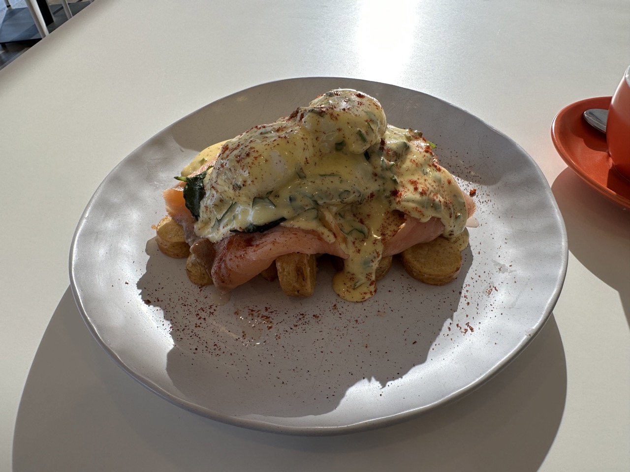 My stay at the Seafront Hotel included complementary cooked breakfast, I had salmon eggs benedict and a latte. The eggs benedict was on top of potatoes instead of an english muffin