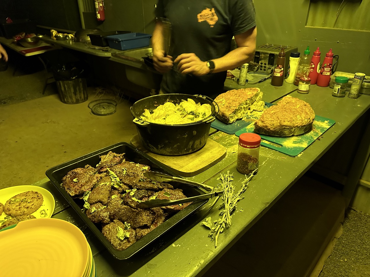 Dinner was delicious: kangaroo steak, potato and onion, and homemade bread