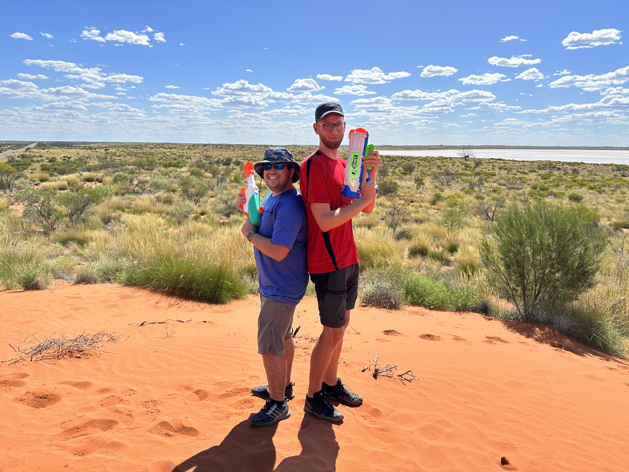 Philipp and I posing with our water guns above the salt lake