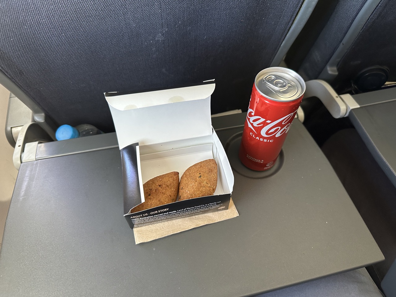 Qantas serves hot food on domestic flights, we got chicken croquettes