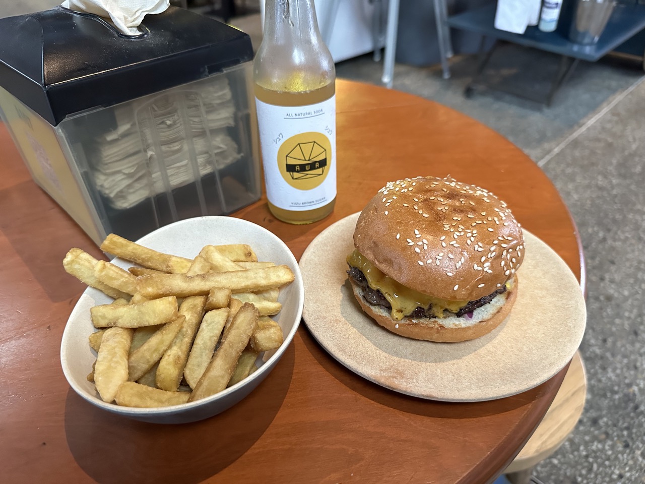 I had a Japanese-themed burger, a Yuzu Soda, and fries from Ume Burger in Barangaroo