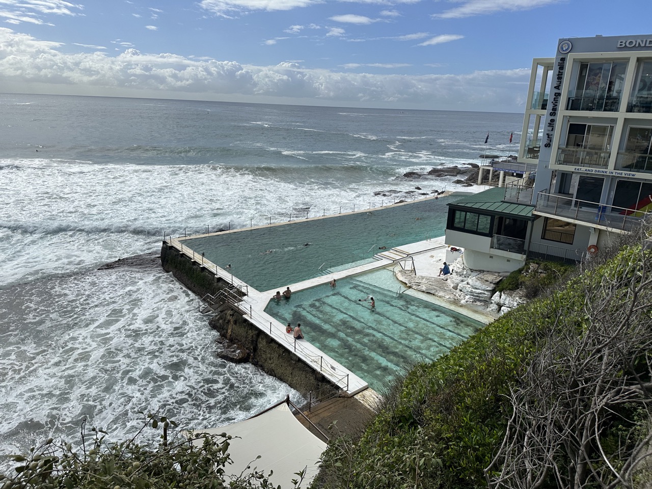 The iconic Bondi Icebergs Swim Club, with pools located right at the edge of the coast