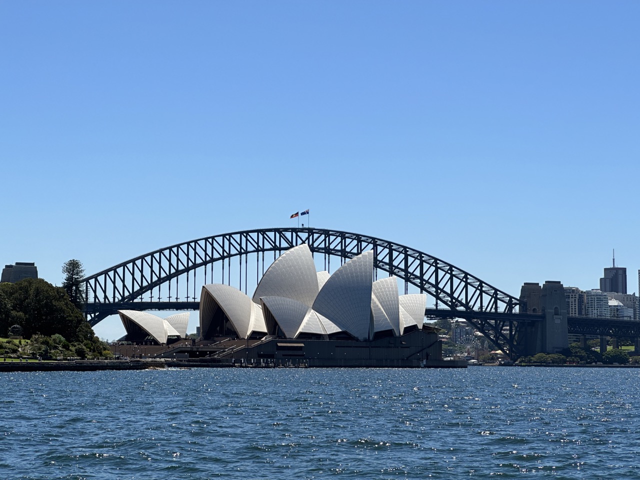 Excellent view of the Opera House in front of the Harbor Bridge from Mrs. MacQuarie's Seat in the Botanic Gardens