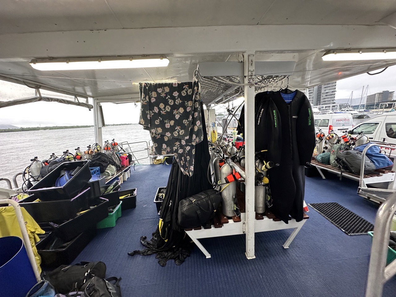 Back deck of the boat with all our gear waiting to get set up