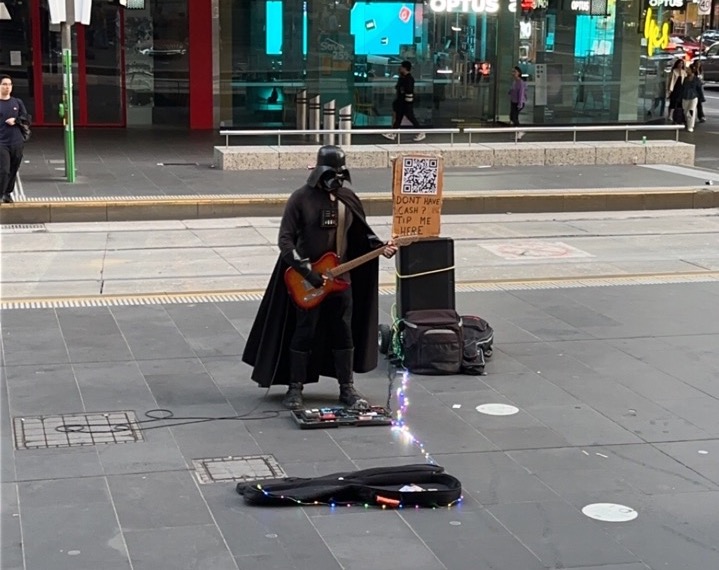 This busker at Bourke Street Mall was dressed as Darth Vader