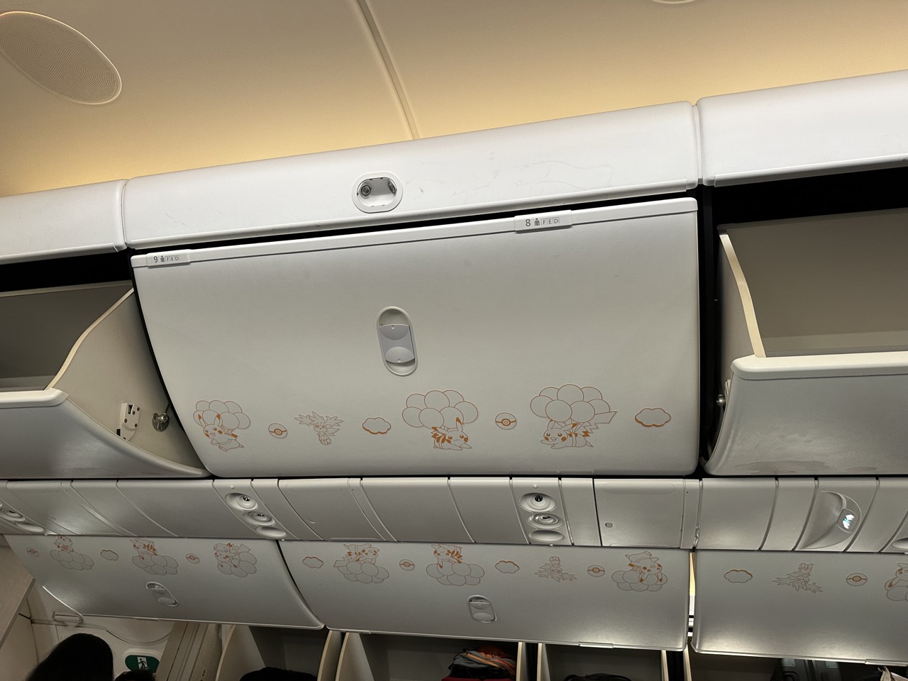 The overhead bins have fun Pokemon decorations on them