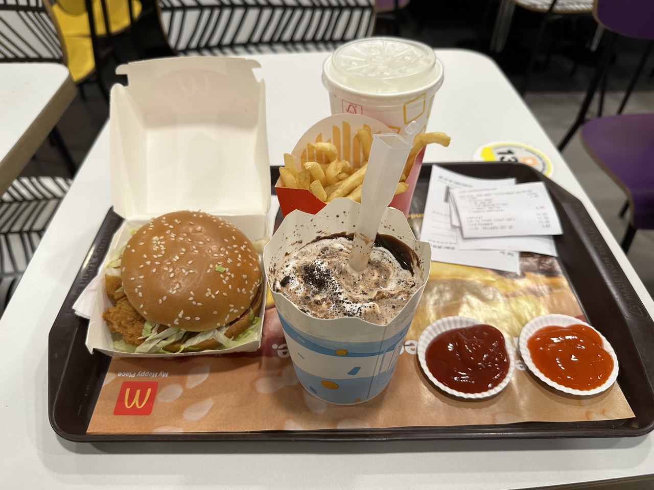 I went to McDonald's to get some of the unique Singaporean items: the McSpicy chicken sandwich, the mudslide McFlurry, and spicy ketchup