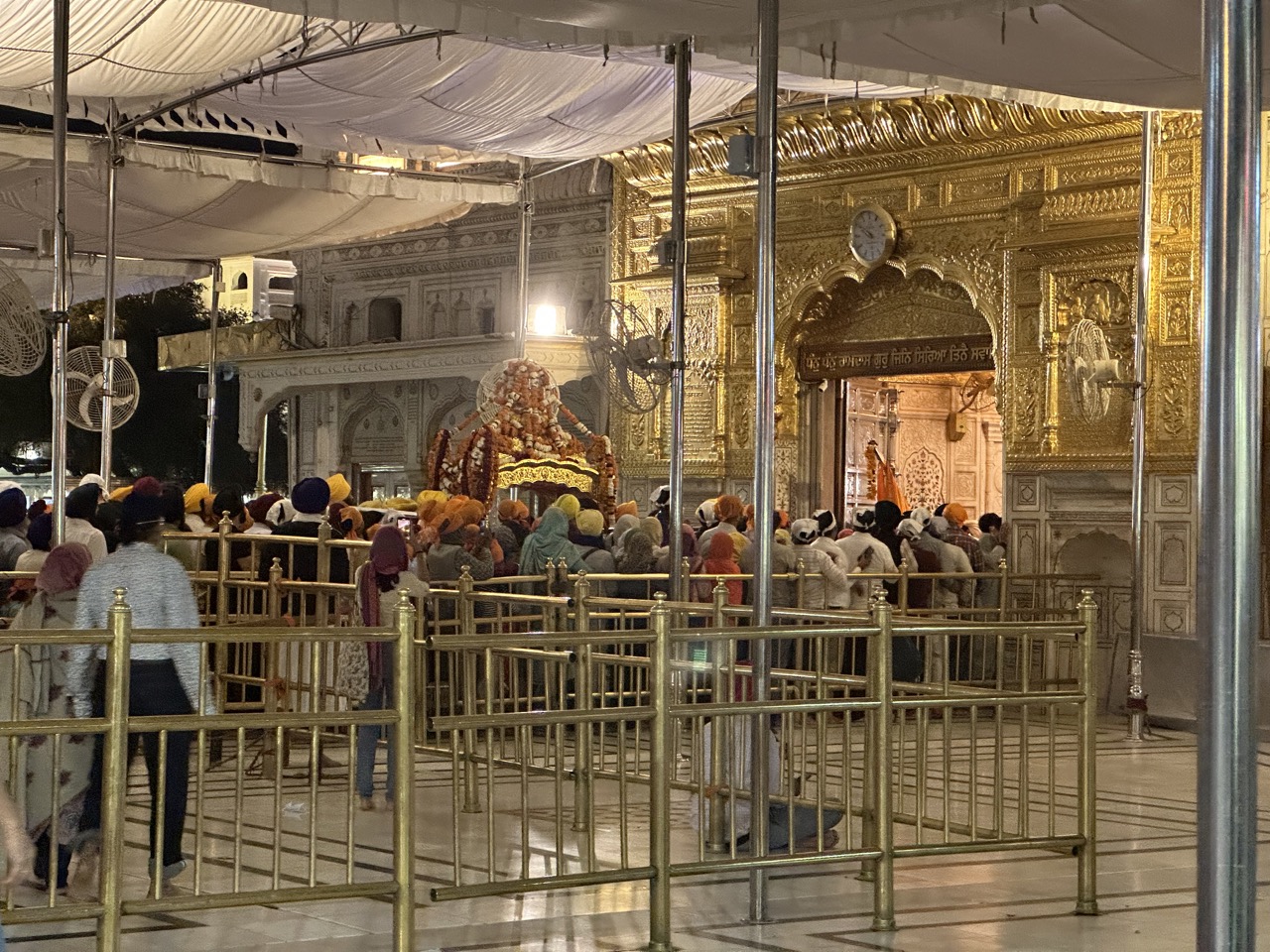 The Palki Sahib which carries the Guru Granth Sahib out of the Golden Temple. The Guru Granth Sahib is the Sikh holy book and is regarded as the final, sovereign, and eternal Guru following after the ten human gurus