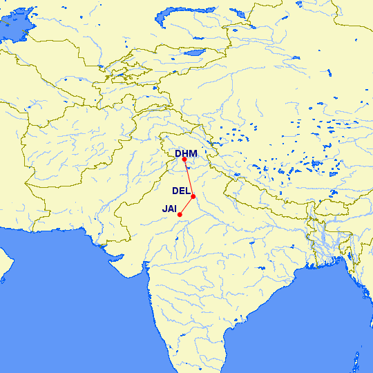 Today’s flight from Dharamshala to Jaipur via Delhi on SpiceJet (SG3236, SG2976). It is scheduled for 7h with total flight time about 2.5h and a 4.5h layover.