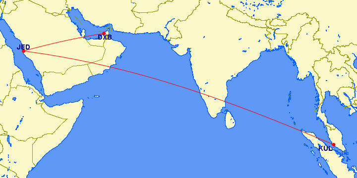 Today's flight from Dubai to Kuala Lumpur via Jeddah on Saudia (SV599, SV840). It is scheduled for 16h with total flight time about 12hm and a 4h layover